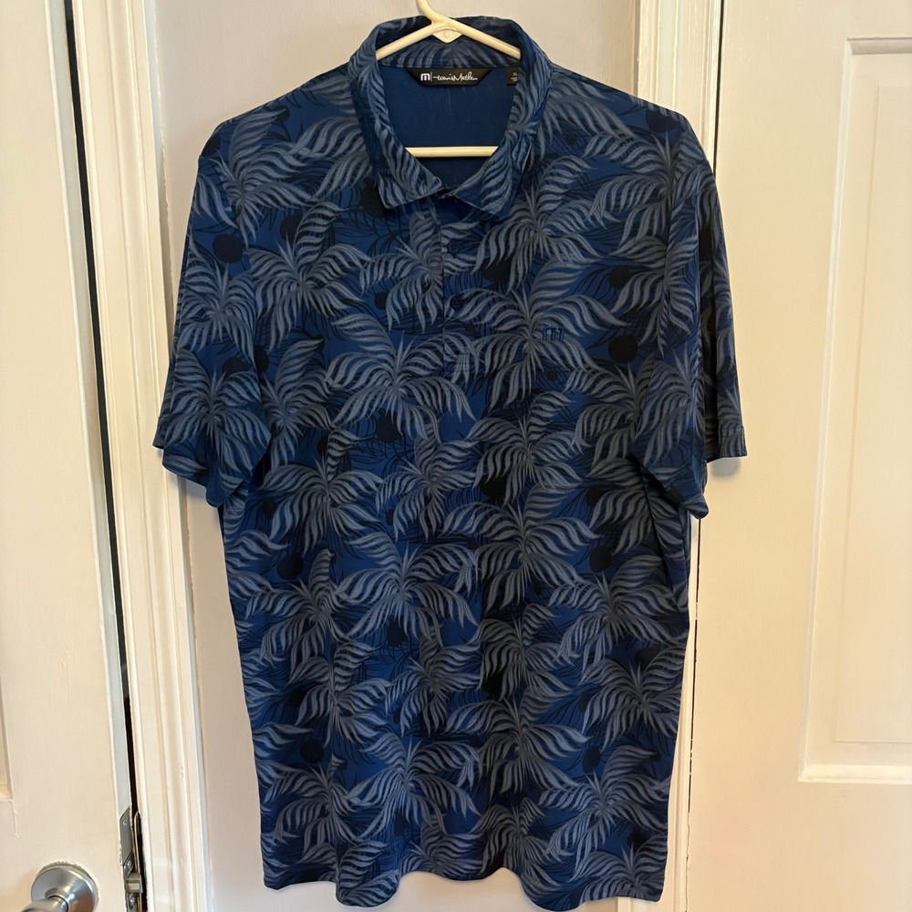 Travis Mathew Men XL Polo Shirt Blue Palm Tree Print Short Sleeve Golf